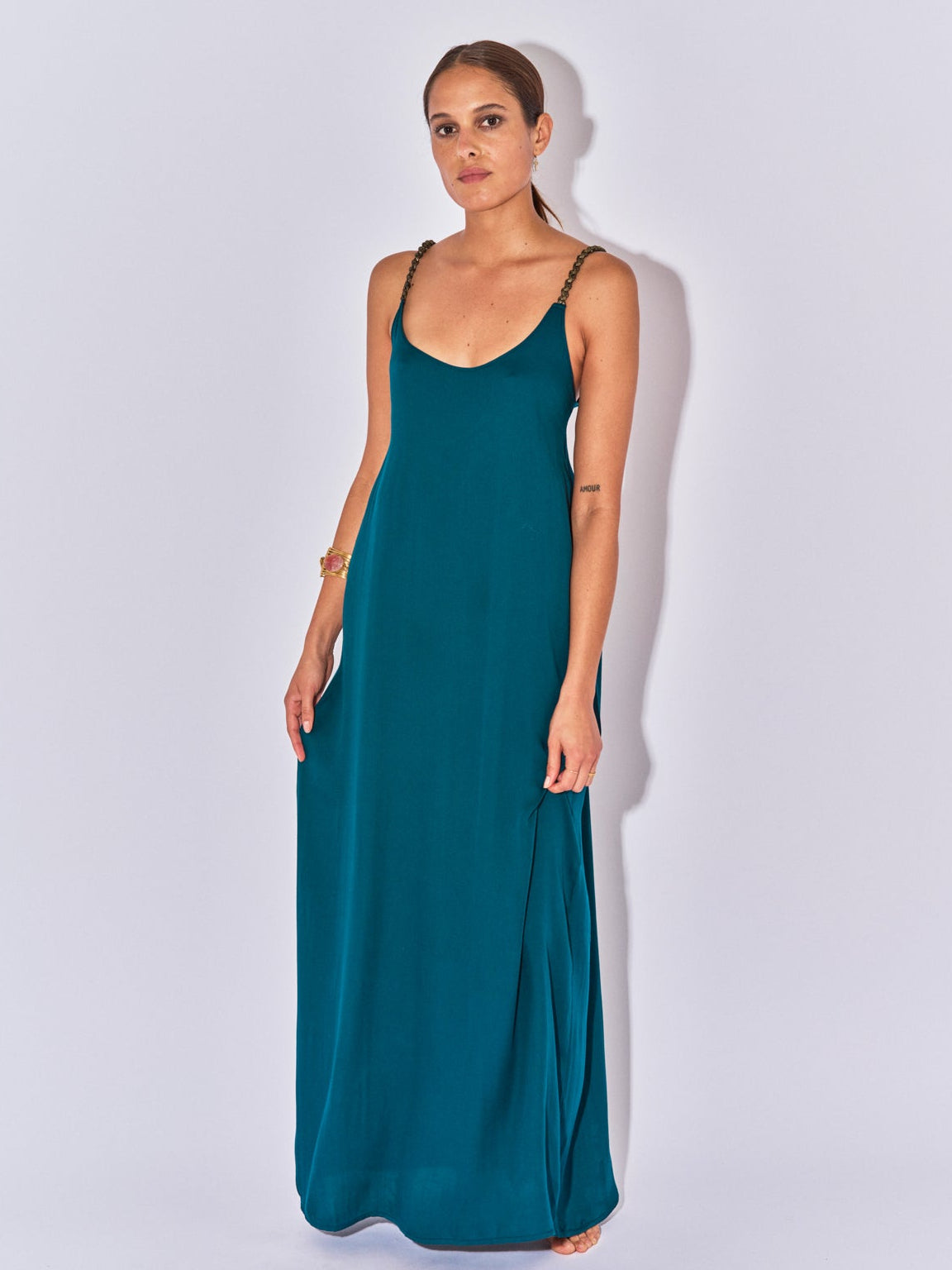 ALIA PETROL LANGES RÜCKENFREIES KLEID