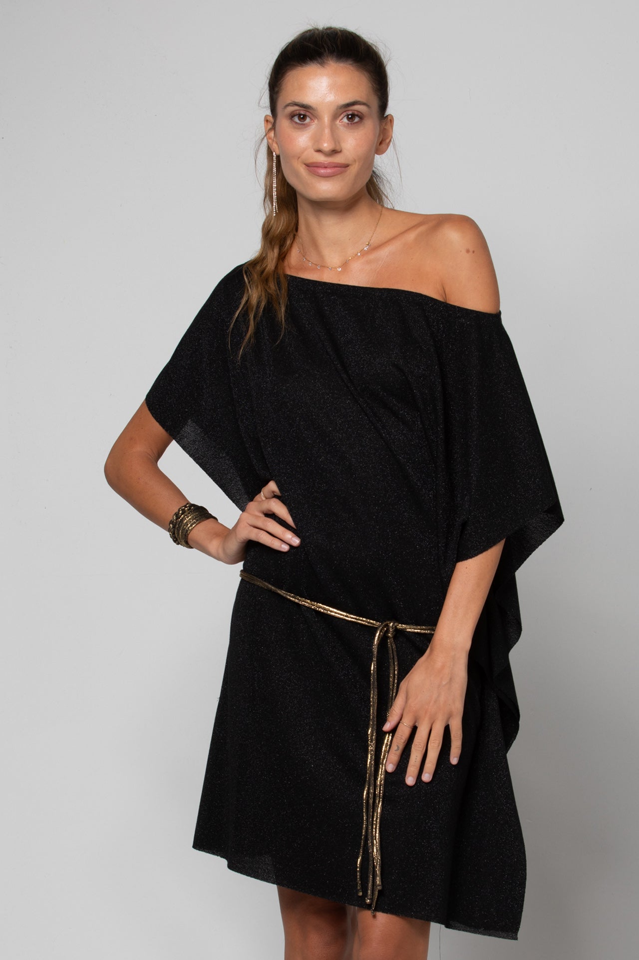 ROBE COURTE COL BARDOT CINTURÉE ENA LUREX BLACK