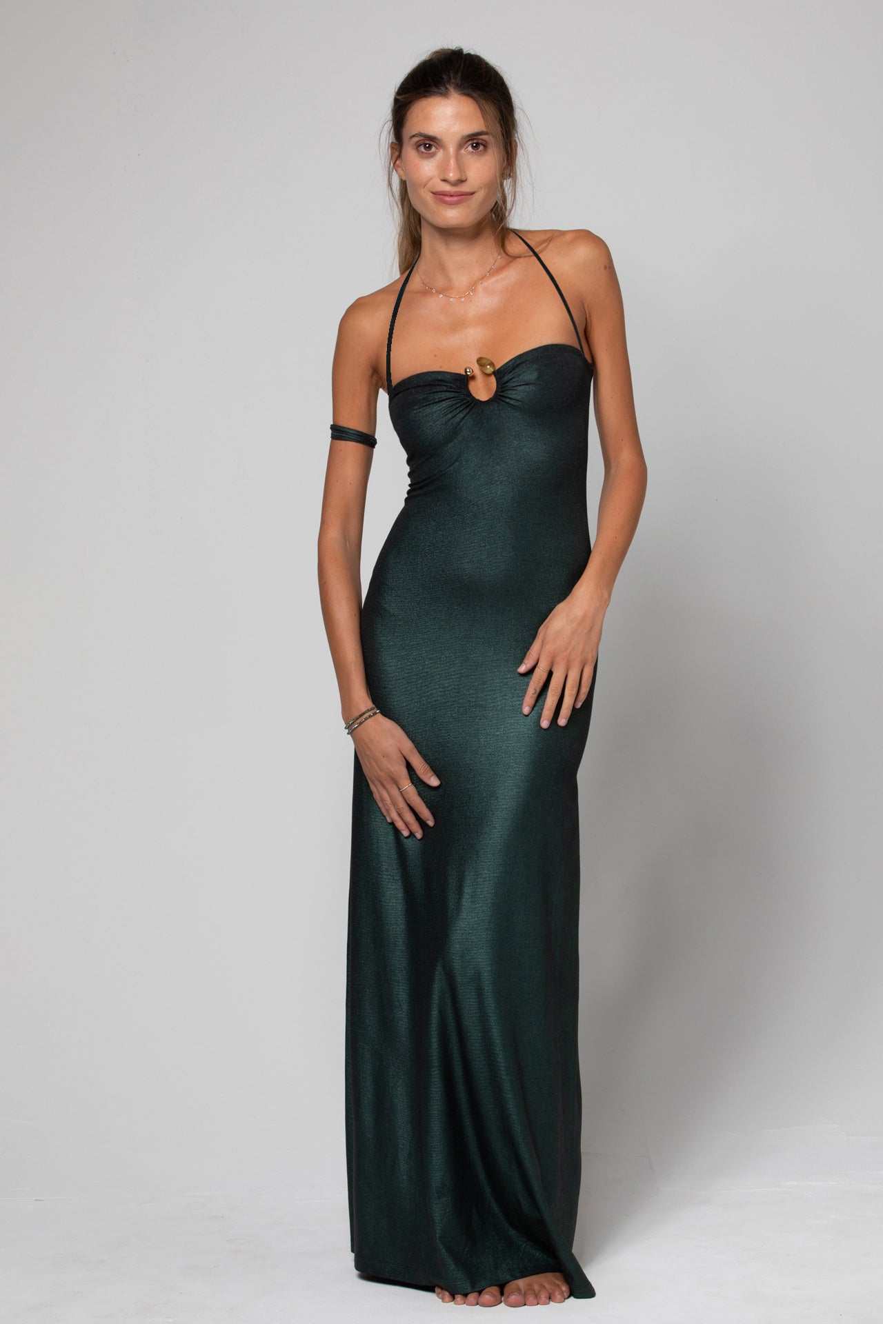 ROBE LONGUE BUSTIER AVEC BIJOU EN O ET BRETELLES AMOVIBLES AYA SHINY EMERALD