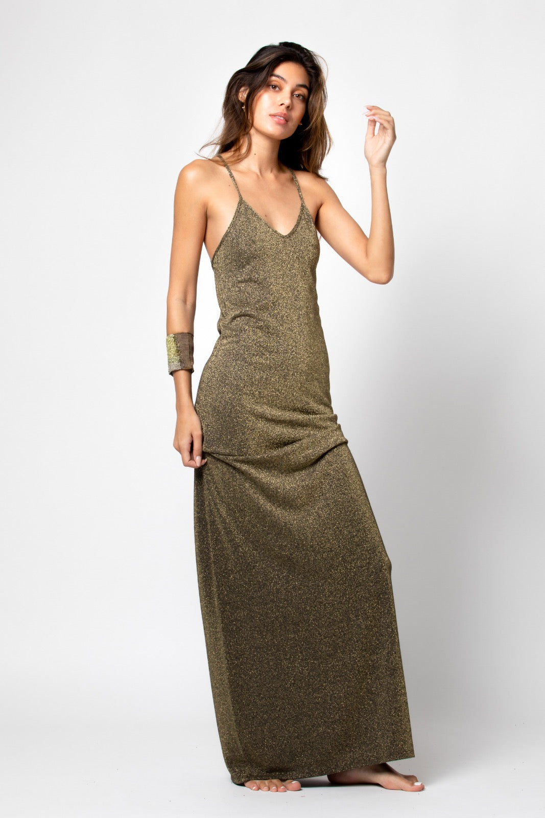 ROBE LONGUE DOS NU JILA LUREX GOLD KAKI