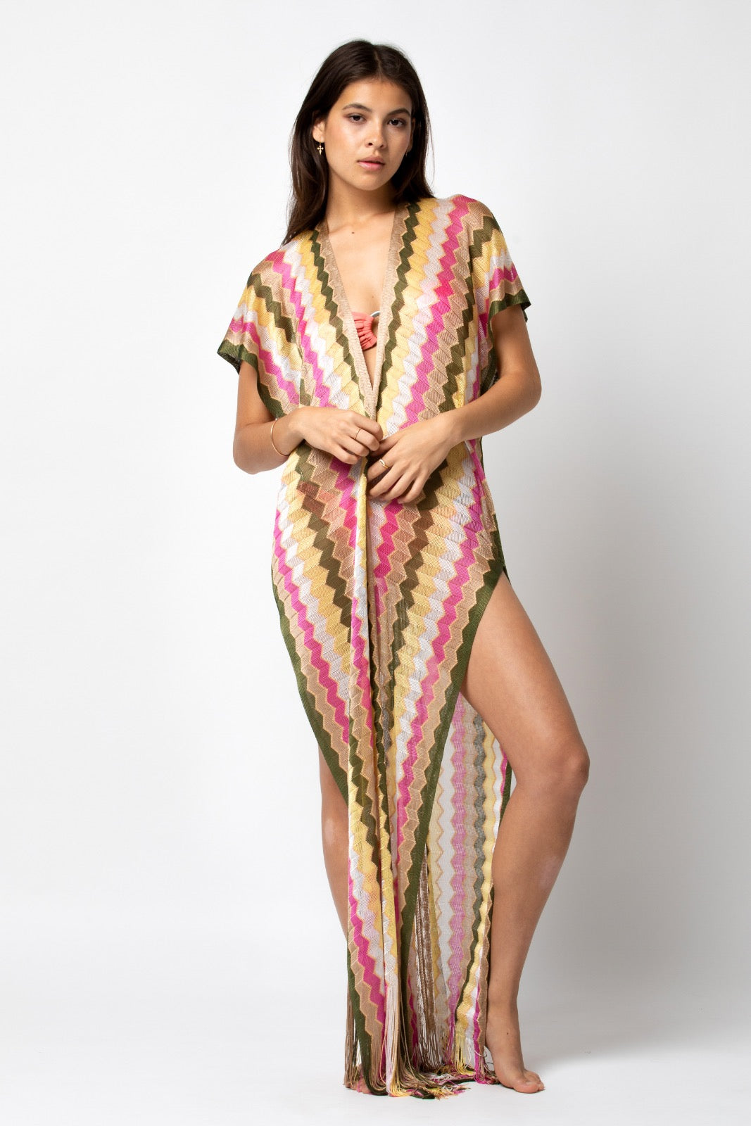 GILET LONG LIMA MULTICO KAKI PINK