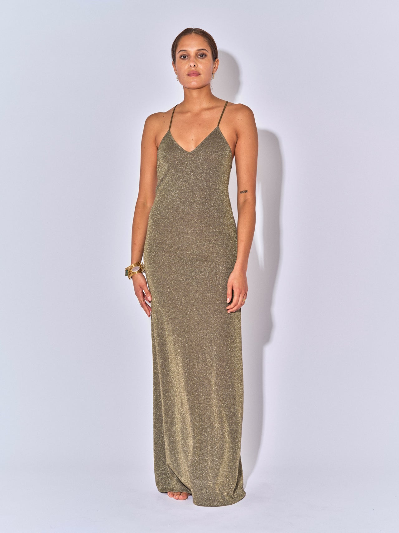 KALI LUREX MINERAL BACKLESS LONG DRESS