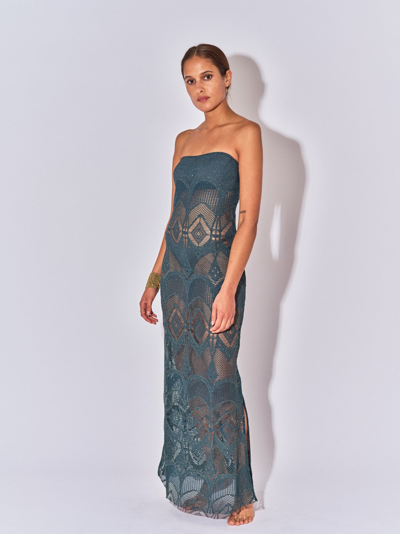 LOUISE CROCHET PETROL BUSTIER LONG DRESS