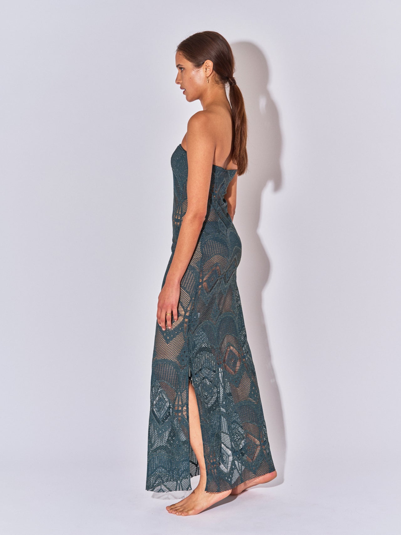 LOUISE CROCHET PETROL BUSTIER LONG DRESS