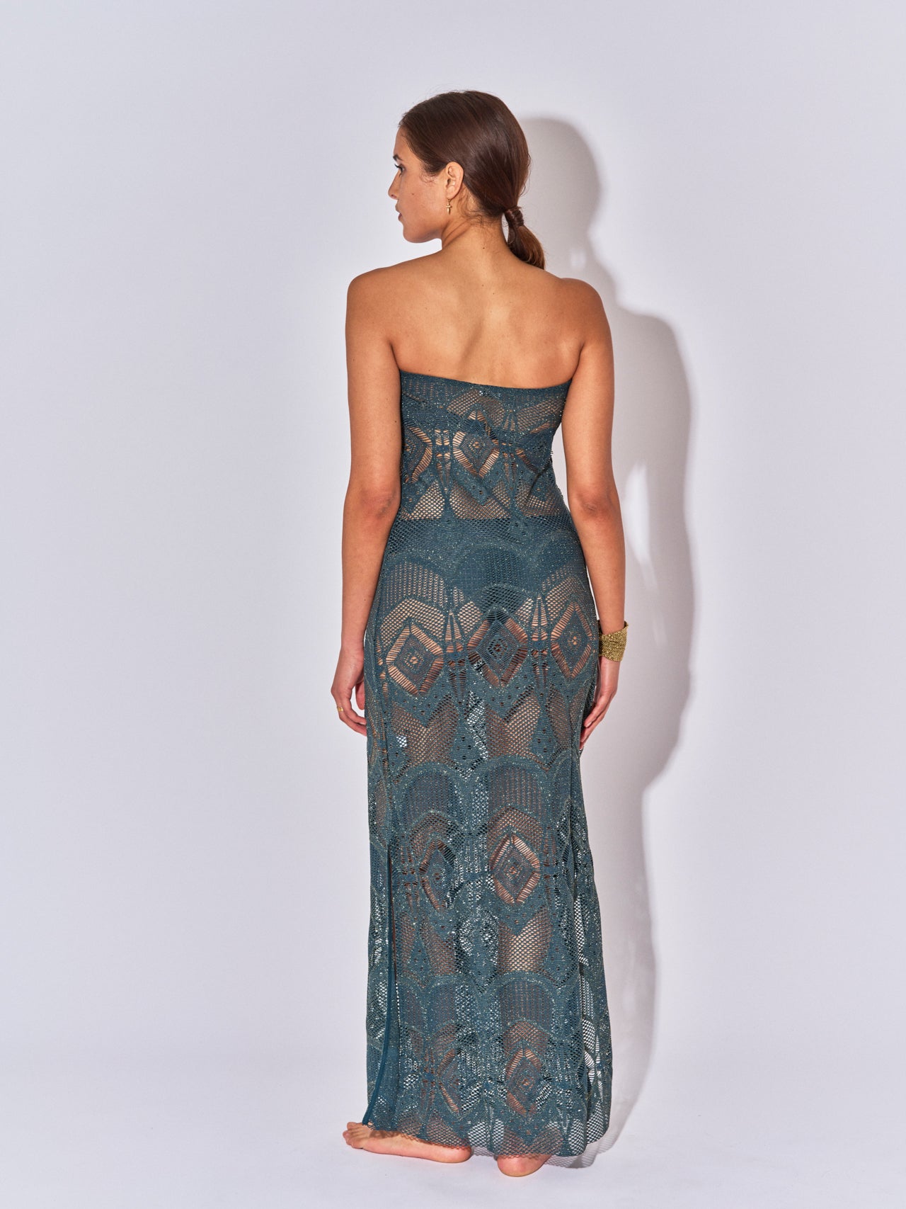 LOUISE CROCHET PETROL BUSTIER LONG DRESS
