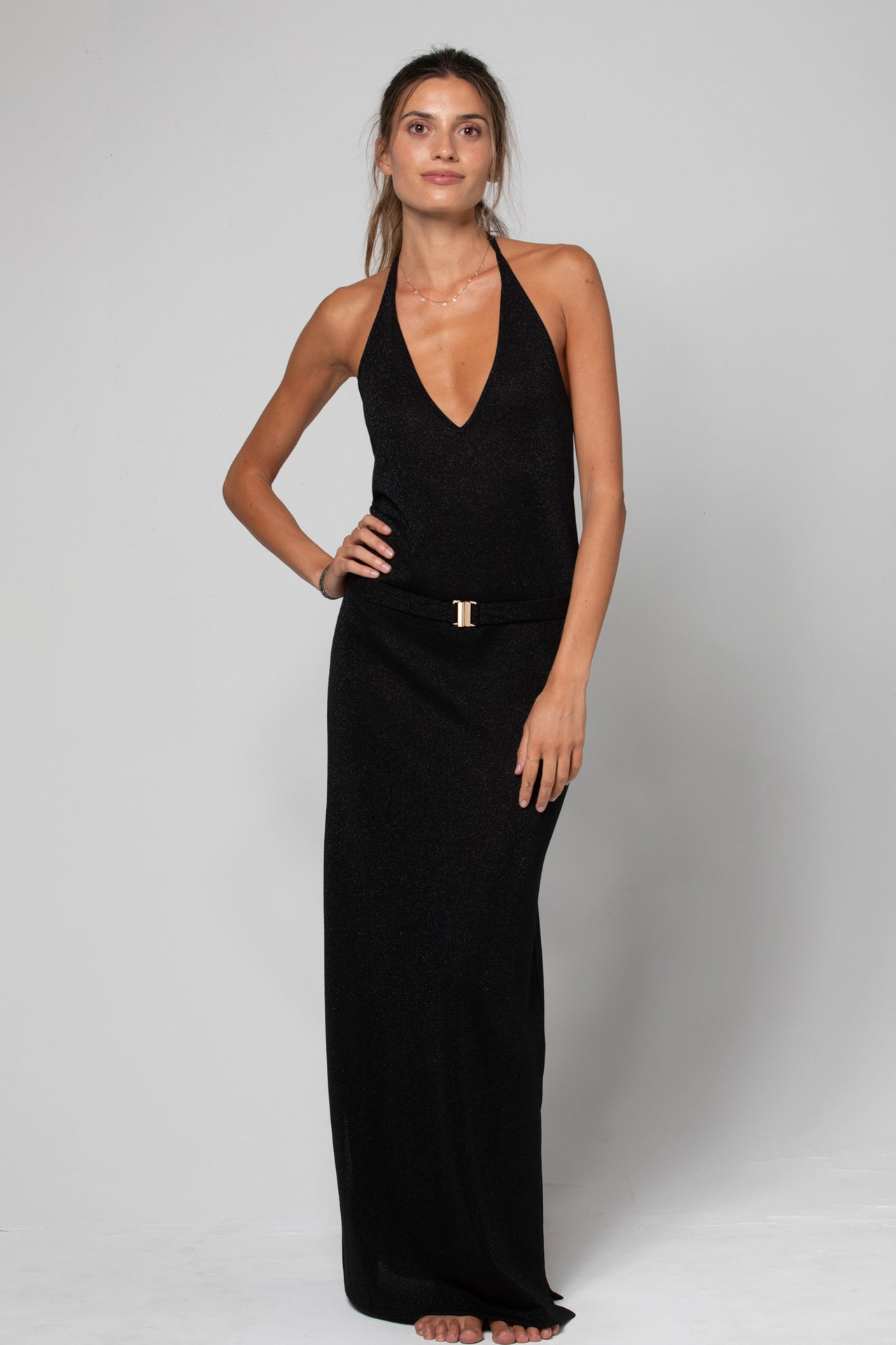 ROBE LONGUE DOS NU AVEC CEINTURE BIJOU OR GALA LUREX BLACK