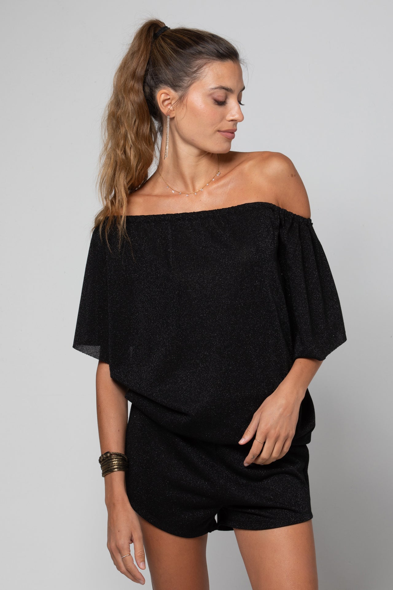 TOP COL BARDOT THAIS LUREX BLACK