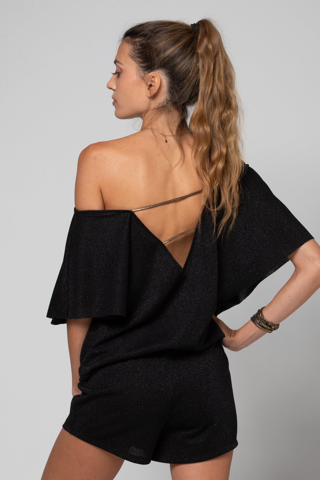 TOP COL BARDOT THAIS LUREX BLACK