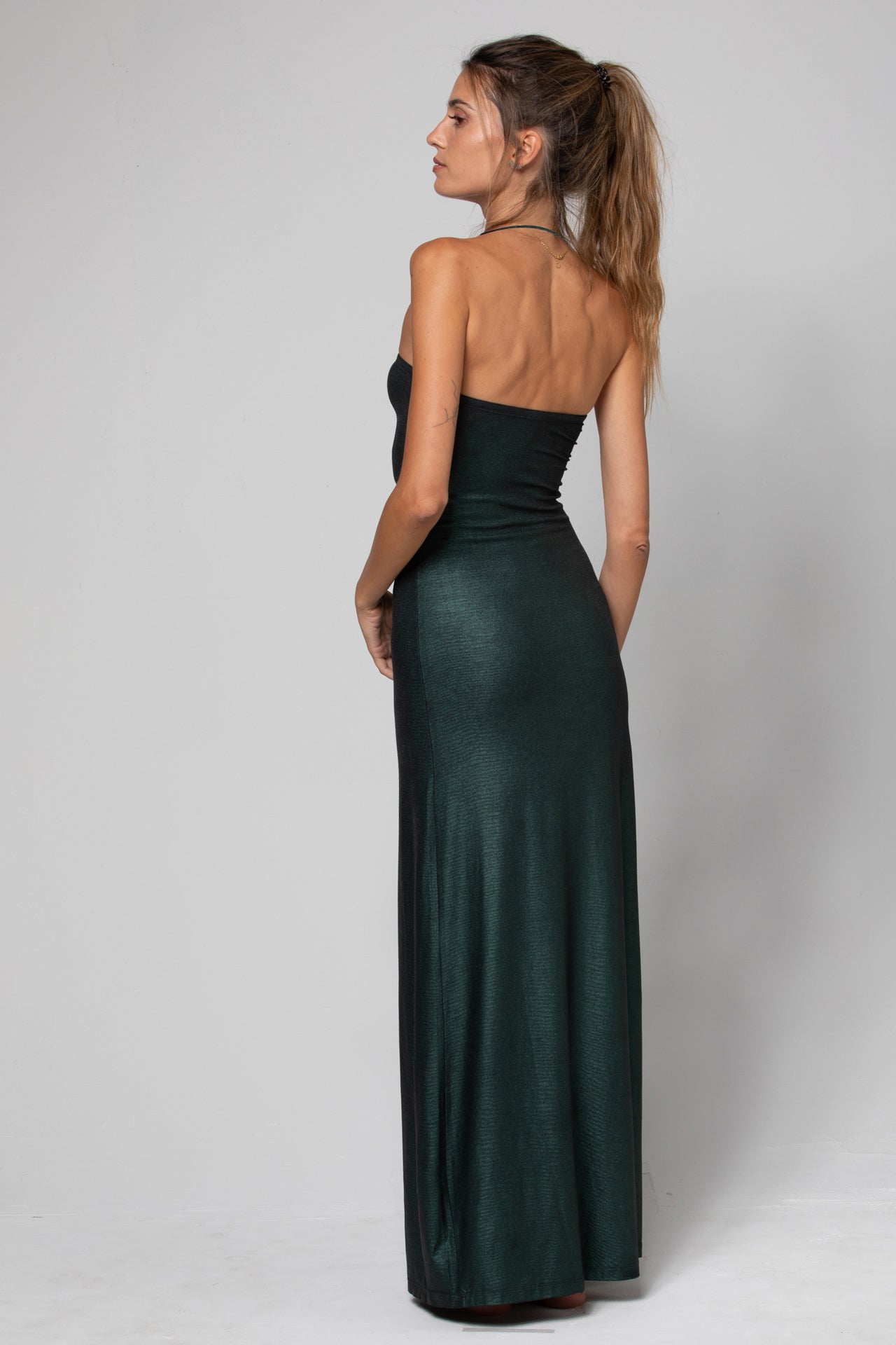 ROBE LONGUE BUSTIER AVEC BIJOU EN O ET BRETELLES AMOVIBLES AYA SHINY EMERALD