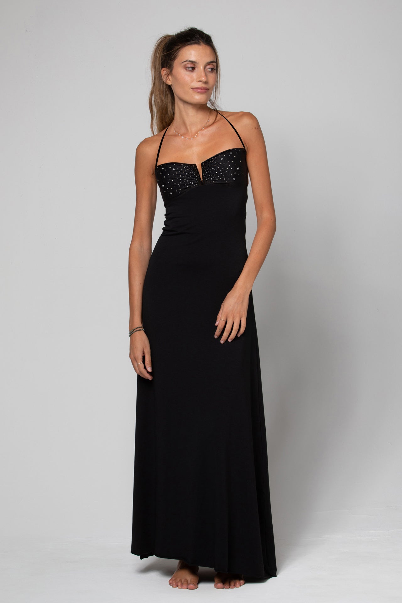 ROBE LONGUE BUSTIER AVEC DÉTAILS STRASS LAORA NOIRE
