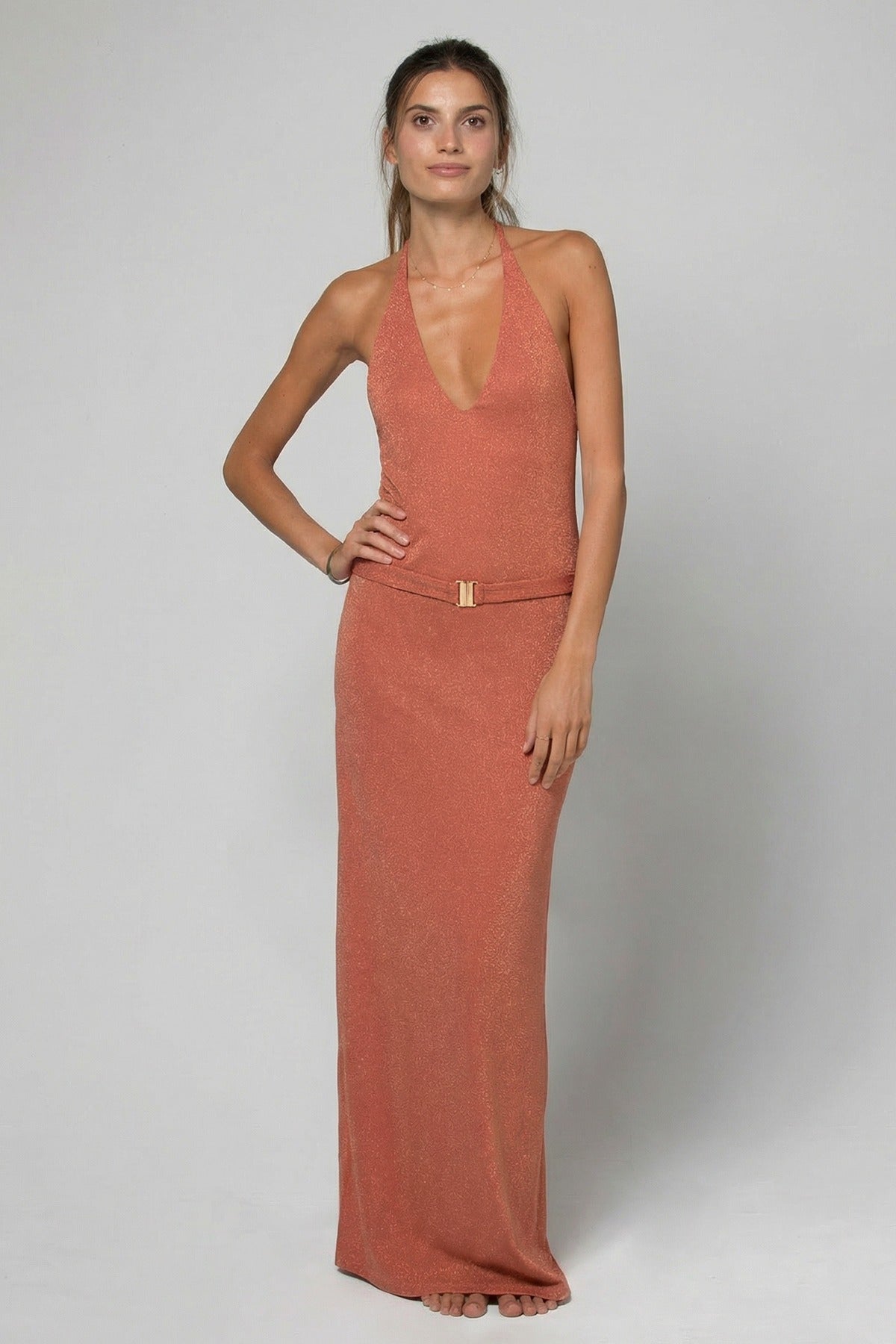 ROBE LONGUE DOS NU AVEC CEINTURE BIJOU OR GALA LUREX COPPER