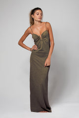 ROBE LONGUE DOS NU AVEC BIJOU EN U AVA LUREX GOLD KAKI