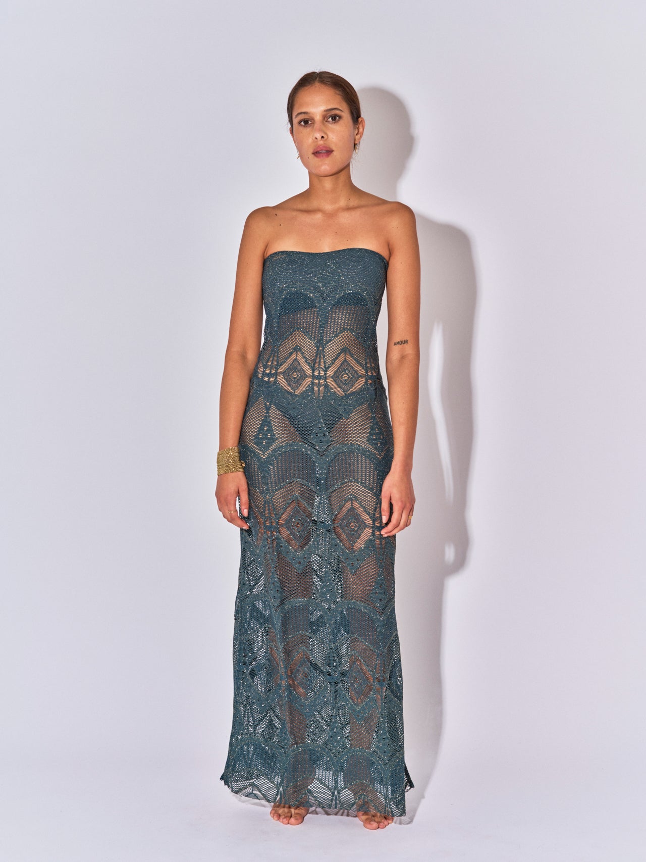 ROBE LONGUE BUSTIER LOUISE CROCHET PETROL