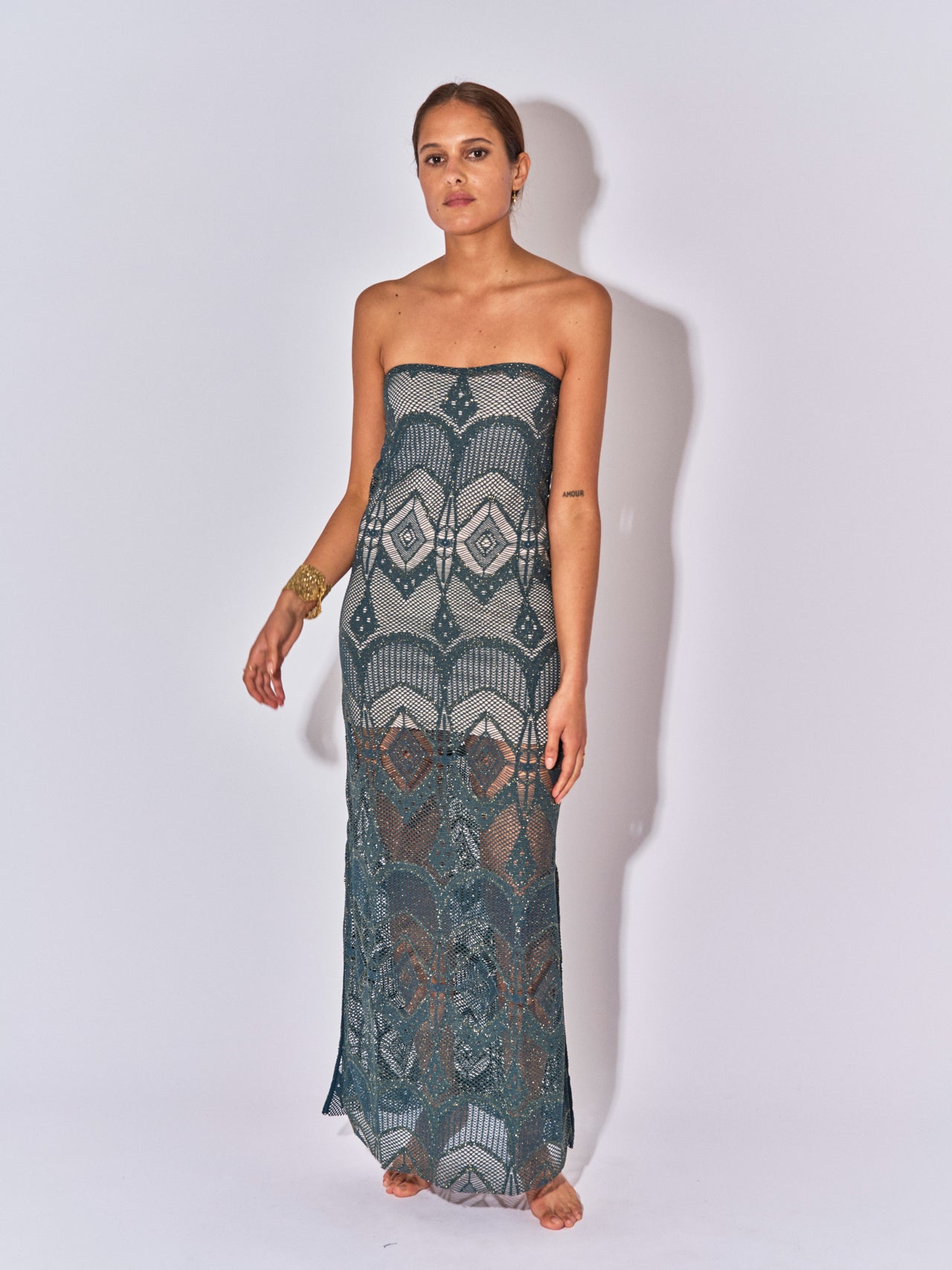 ROBE LONGUE BUSTIER LOUISE CROCHET PETROL