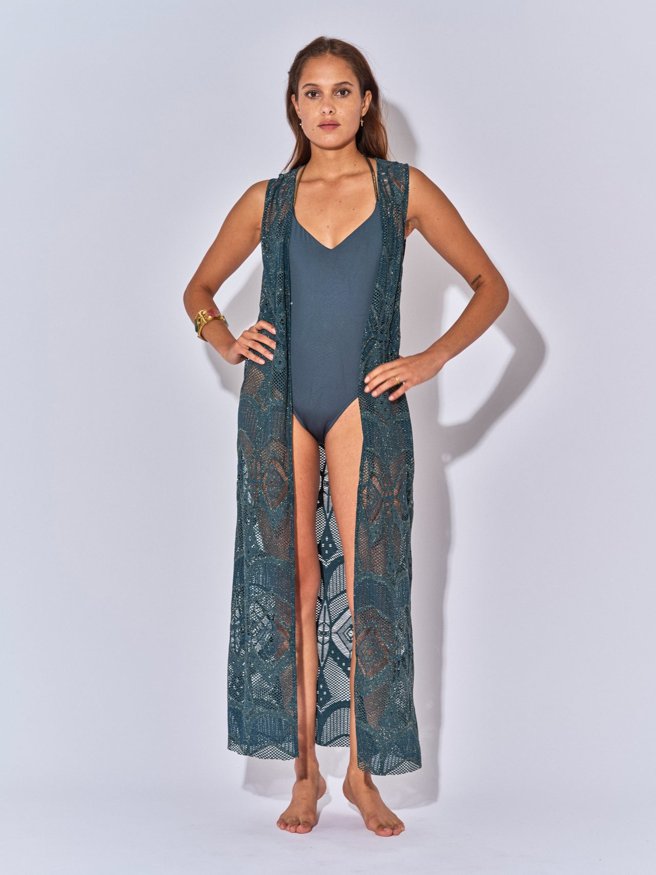 LONG MAYA CROCHET PETROL VEST