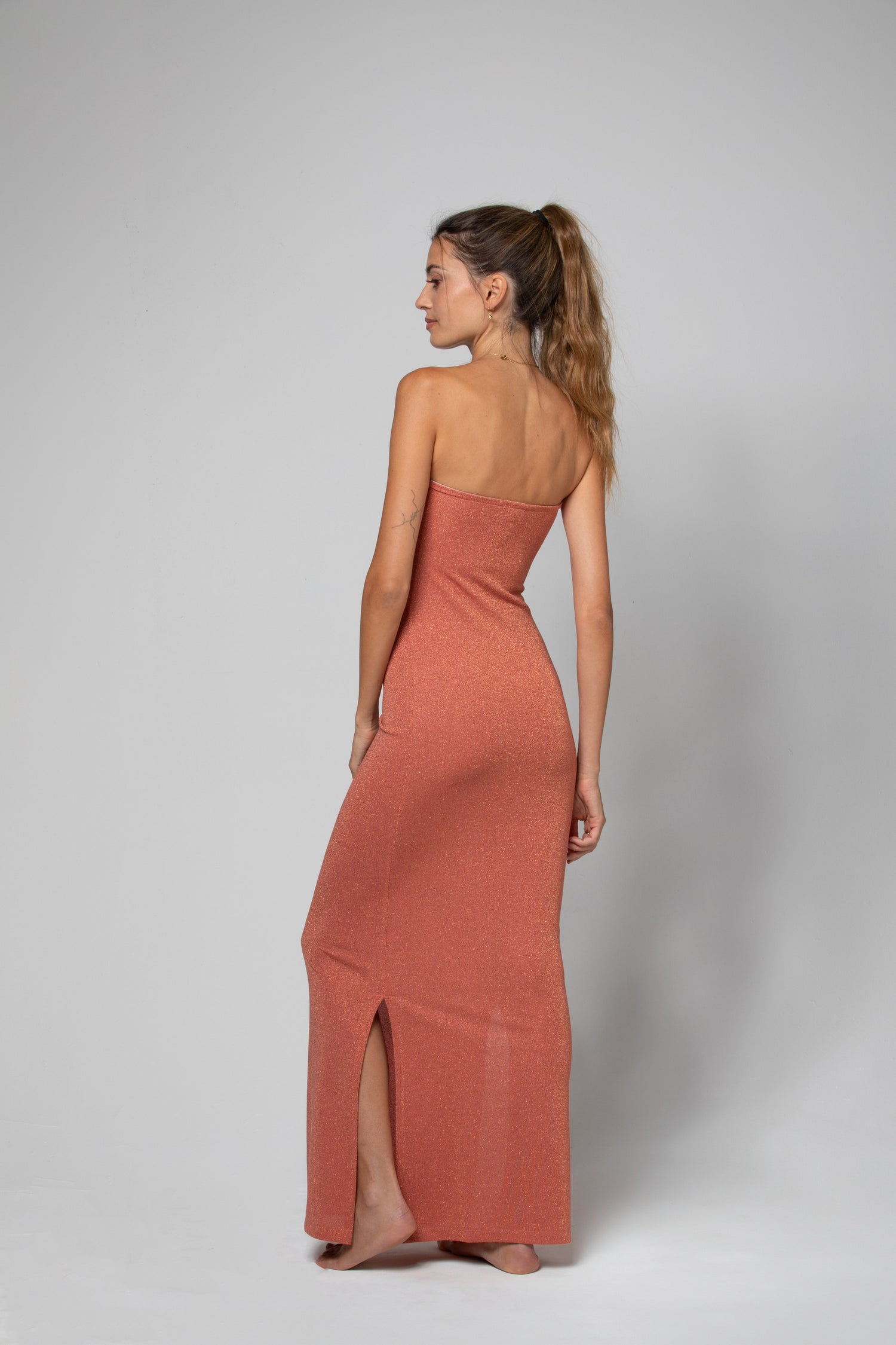 ROBE LONGUE BUSTIER AVEC BIJOU LANA LUREX COPPER